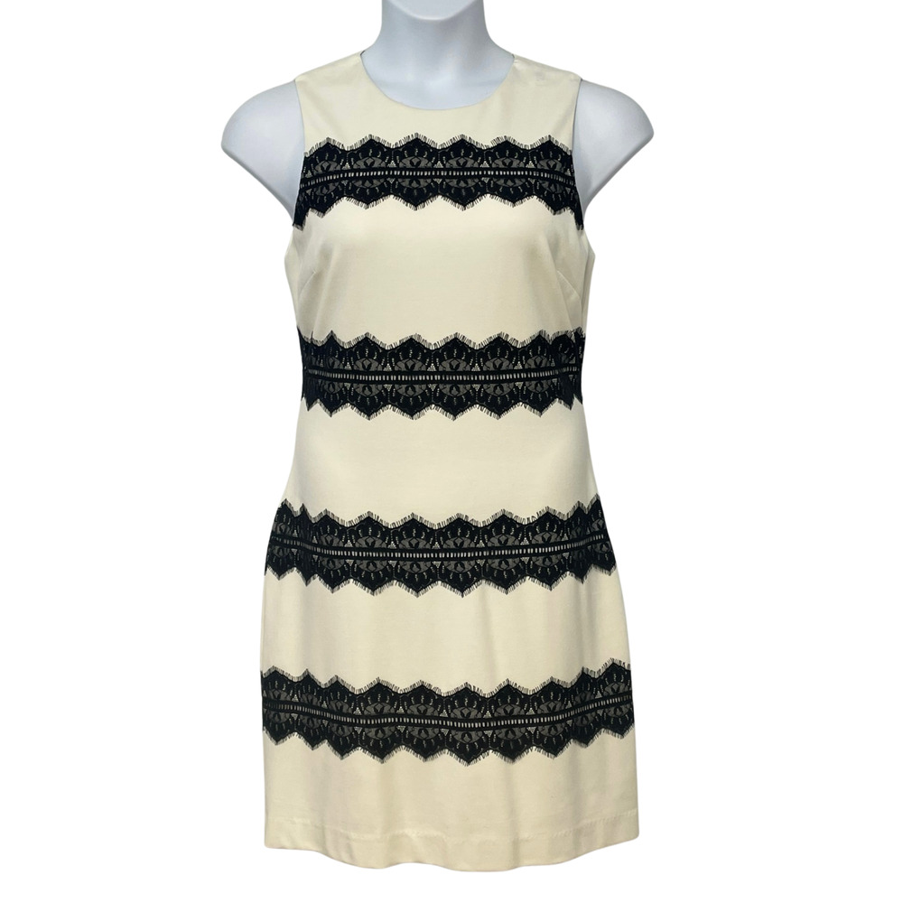 Belle Badgley Mischka Sz 12 Sleeveless Sheath Dress Cream w/Black Lace Bands